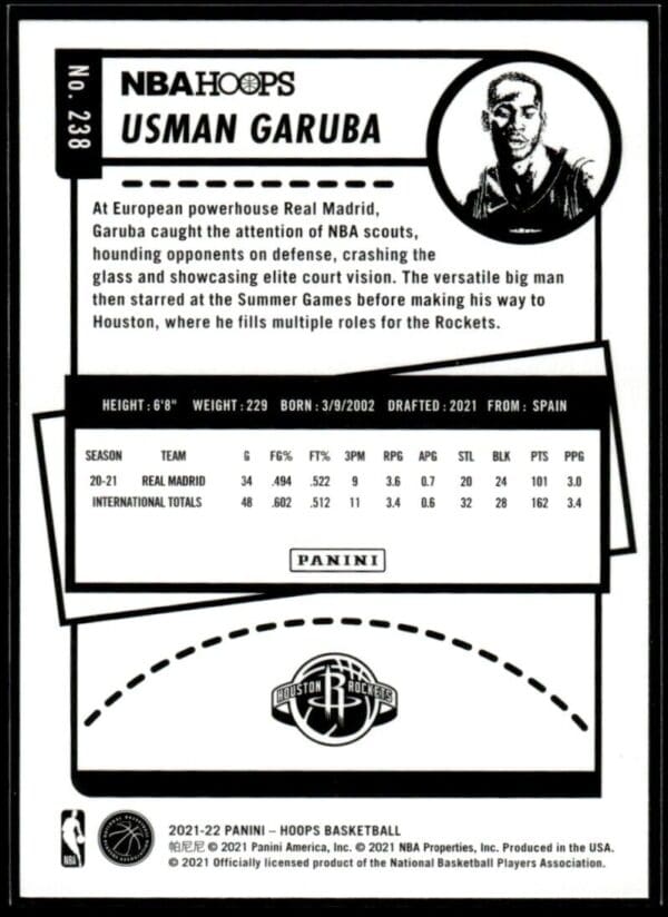 2021 NBA Hoops Houston Rockets #238 Usman Garuba RC Rookie