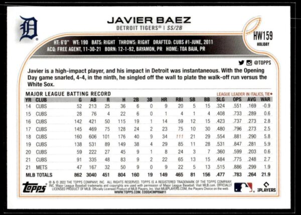 2022 Topps Holiday Detroit Tigers #HW159 Javier Baez