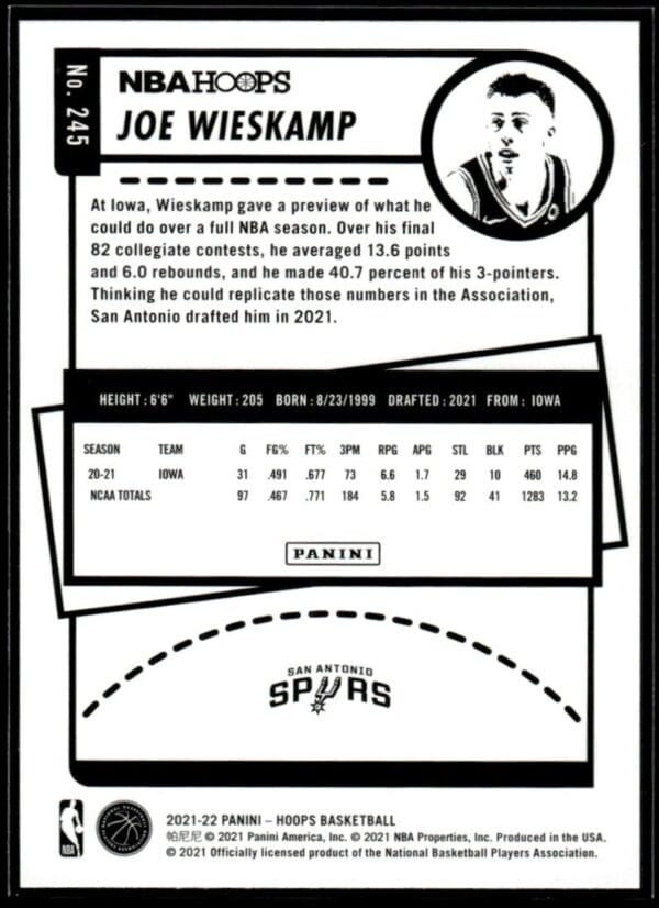_10 2021 NBA Hoops San Antonio Spurs #245 Joe Wieskamp RC Rookie