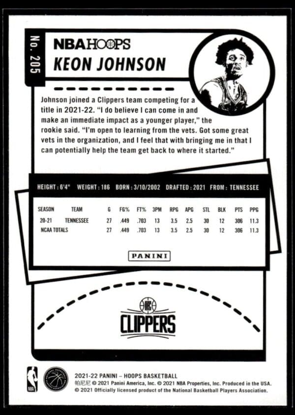2021 NBA Hoops Winter Edition Los Angeles Clippers #205 Keon Johnson