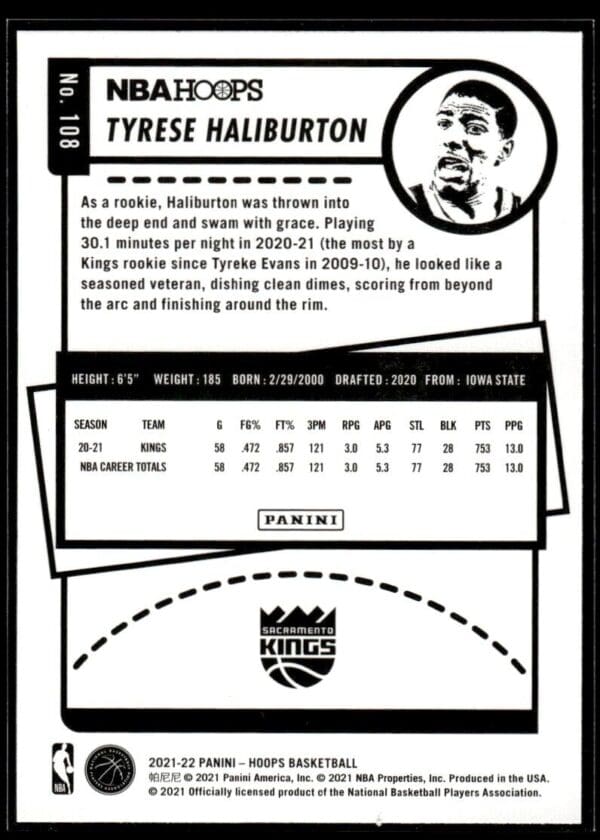 2021 NBA Hoops Winter Edition Sacramento Kings #108 Tyrese Haliburton
