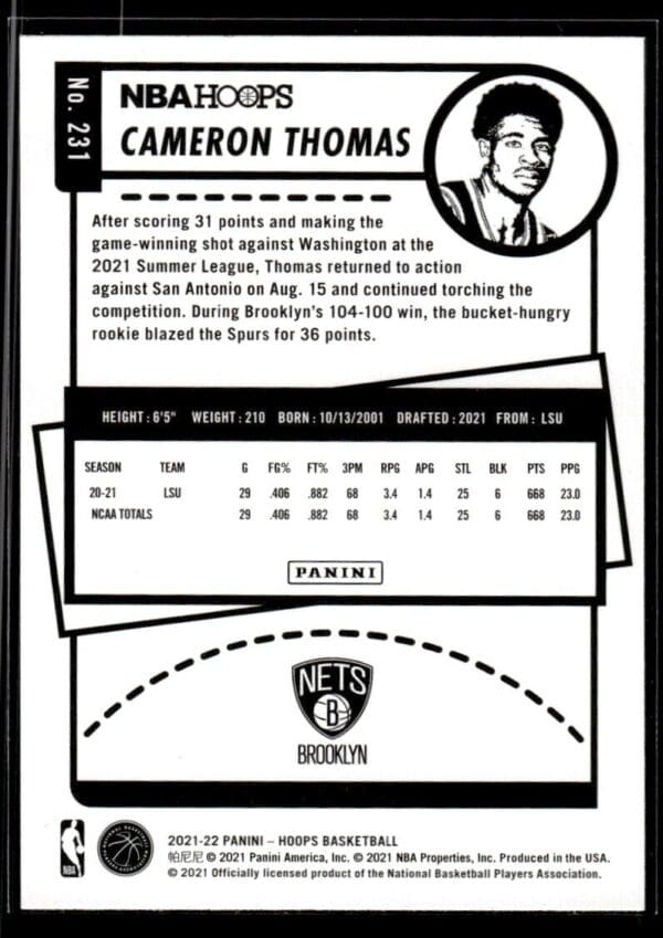 2021 NBA Hoops Winter Edition Brooklyn Nets #231 Cameron Thomas RC Rookie