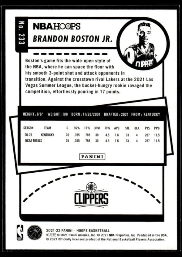 2021 NBA Hoops Winter Edition Los Angeles Clippers #233 Brandon Boston Jr. RC Ro