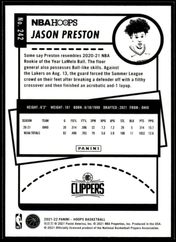 2021 NBA Hoops Los Angeles Clippers #242 Jason Preston RC Rookie