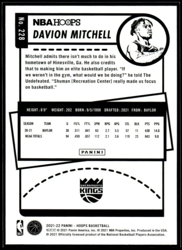 _10 2021 NBA Hoops Sacramento Kings #228 Davion Mitchell RC Rookie