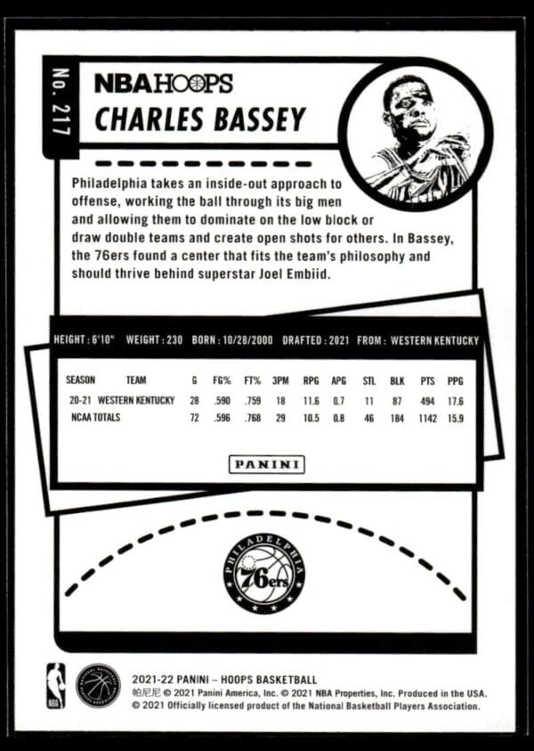 2021 NBA Hoops Winter Edition Philadelphia 76ers #217 Charles Bassey RC Rookie
