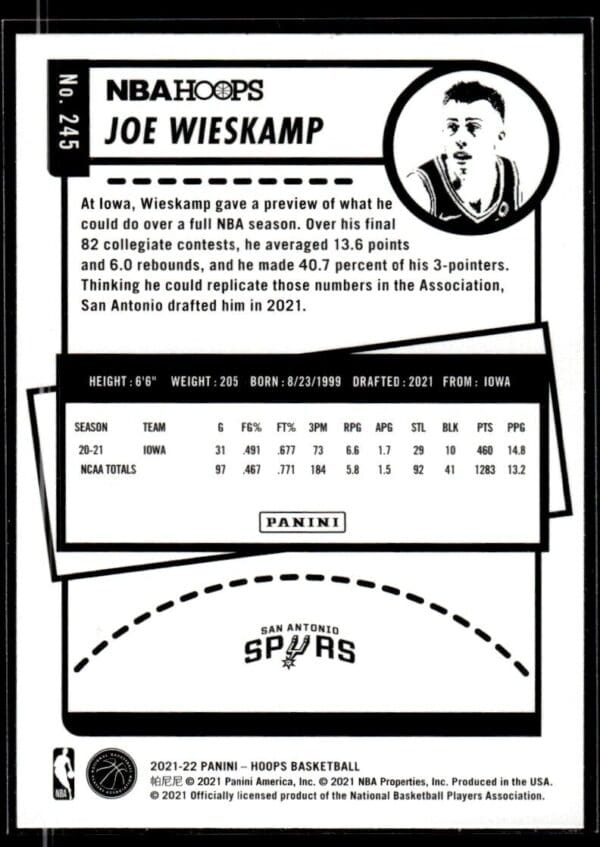 _10 2021 NBA Hoops Winter Edition San Antonio Spurs #245 Joe Wieskamp RC Rookie