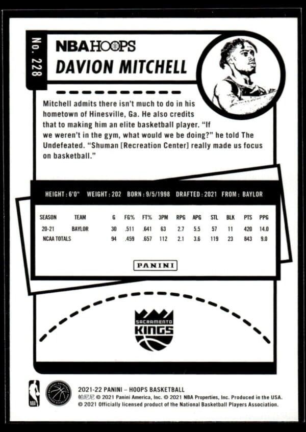 2021 NBA Hoops Winter Edition Sacramento Kings #228 Davion Mitchell RC Rookie
