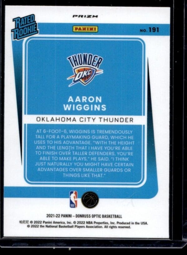 _10 2021 Donruss Optic Oklahoma City Thunder #191 Aaron Wiggins RC Rookie Red Wave