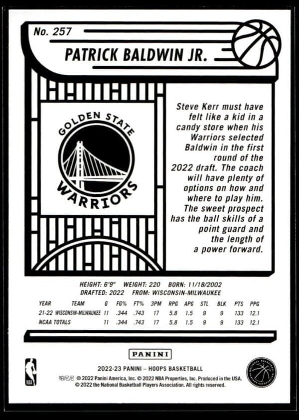 _10 2022 NBA Hoops Golden State Warriors #257 Patrick Baldwin Jr. RC Rookie