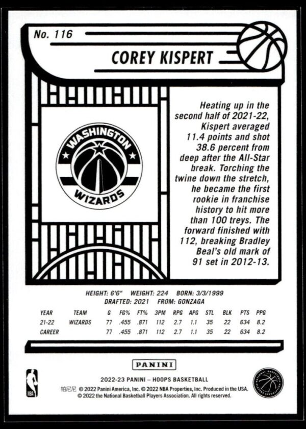 _10 2022 NBA Hoops Washington Wizards #116 Corey Kispert