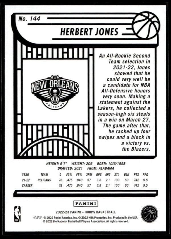 2022 NBA Hoops New Orleans Pelicans #144 Herbert Jones