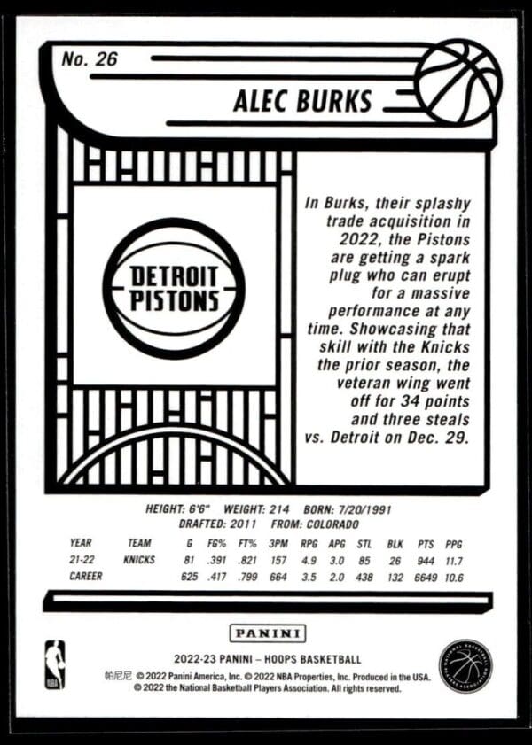 2022 NBA Hoops Detroit Pistons #26 Alec Burks