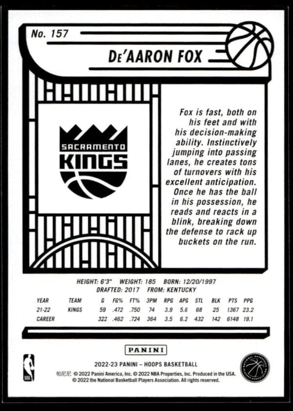 2022 NBA Hoops Sacramento Kings #157 De'Aaron Fox