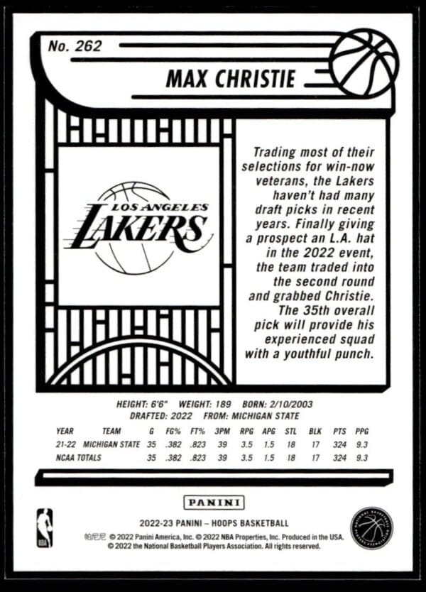 _10 2022 NBA Hoops Los Angeles Lakers #262 Max Christie RC Rookie