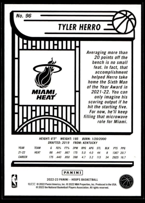 2022 NBA Hoops Miami Heat #96 Tyler Herro
