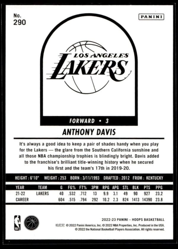 2022 NBA Hoops Los Angeles Lakers #290 Anthony Davis Tribute