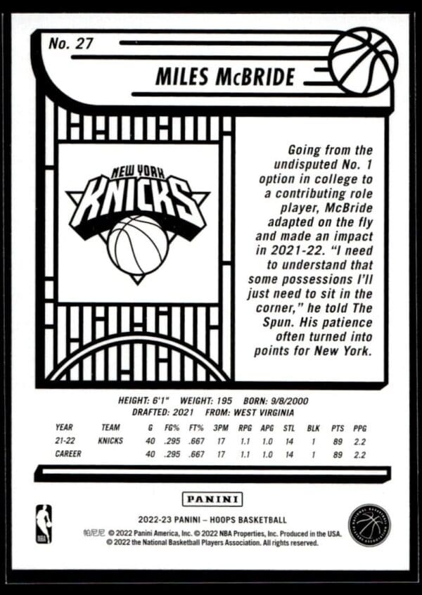 2022 NBA Hoops New York Knicks #27 Miles McBride