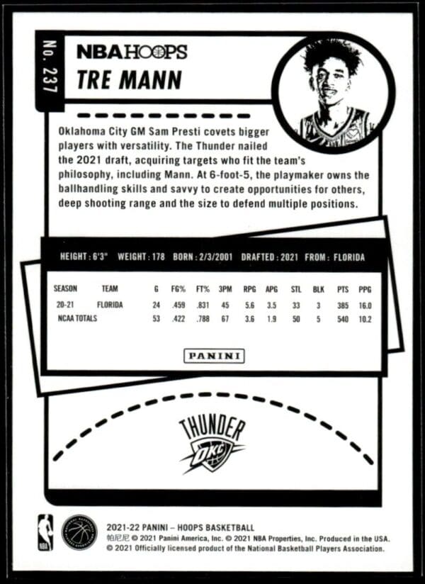 2021 NBA Hoops Oklahoma City Thunder #237 Tre Mann RC Rookie