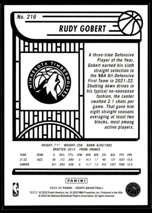 _10 2022 NBA Hoops Minnesota Timberwolves #216 Rudy Gobert