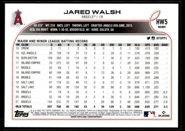 2022 Topps Holiday Los Angeles Angels #5 Jared Walsh