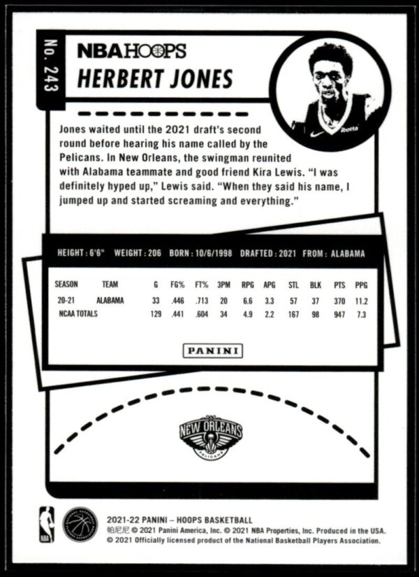 2021 NBA Hoops New Orleans Pelicans #243 Herbert Jones RC Rookie