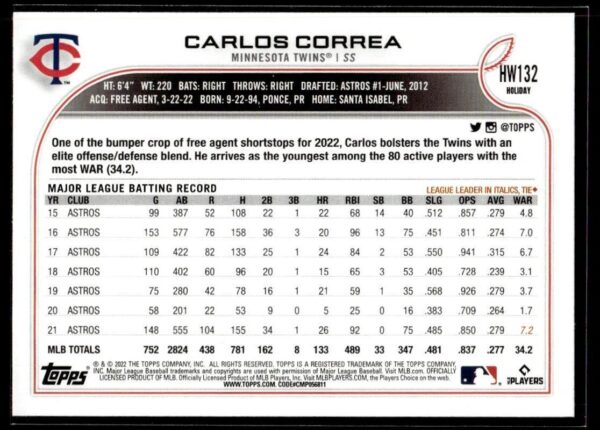 2022 Topps Holiday Houston Astros #132 Carlos Correa