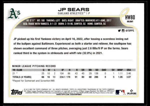 2022 Topps Holiday New York Yankees #80 JP Sears RC Rookie