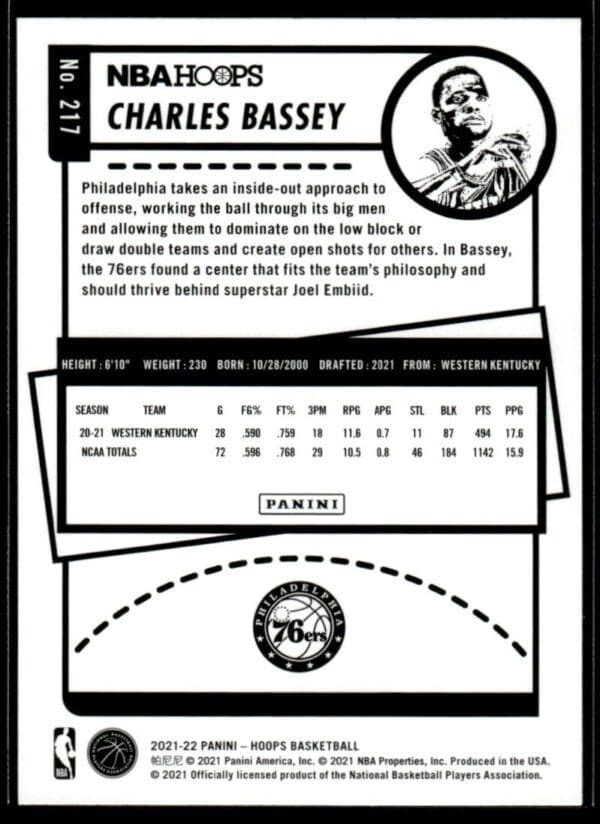 _10 2021 NBA Hoops Philadelphia 76ers #217 Charles Bassey RC Rookie