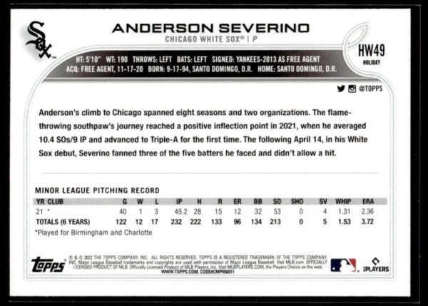 2022 Topps Holiday Chicago White Sox #49 Anderson Severino RC Rookie