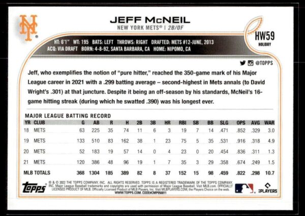 2022 Topps Holiday New York Mets #59 Jeff McNeil