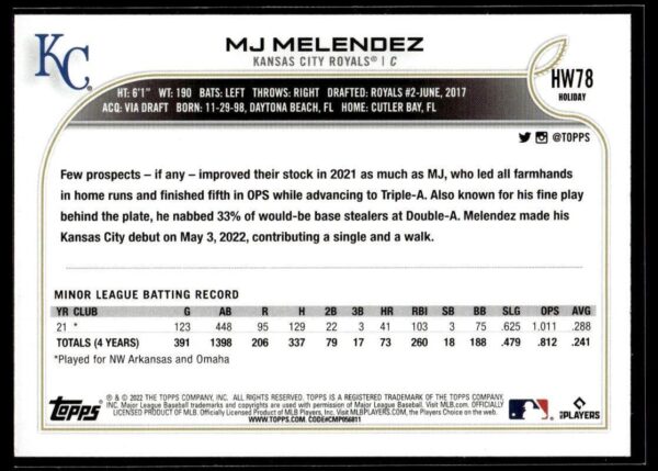 _10 2022 Topps Holiday Kansas City Royals #78 MJ Melendez RC Rookie