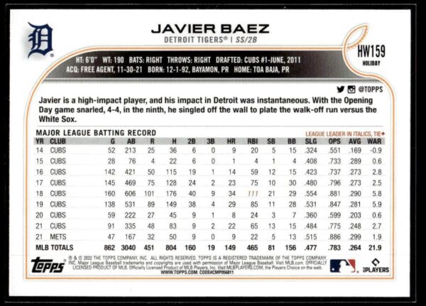2022 Topps Holiday Chicago Cubs #159 Javier Baez