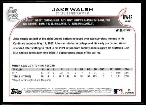 _10 2022 Topps Holiday St. Louis Cardinals #42 Jake Walsh RC Rookie