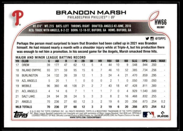 2022 Topps Holiday Mobile BayBears #66 Brandon Marsh RC Rookie