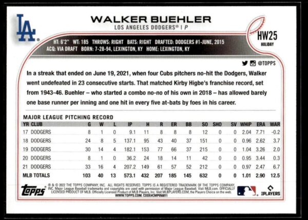 2022 Topps Holiday Los Angeles Dodgers #25 Walker Buehler