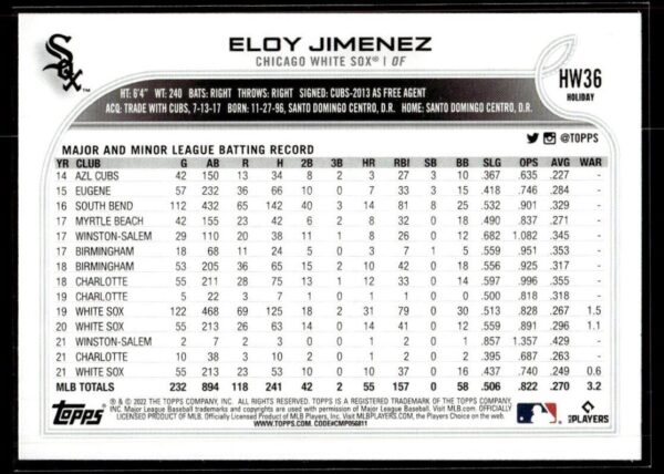 _10 2022 Topps Holiday Chicago White Sox #36 Eloy Jimenez