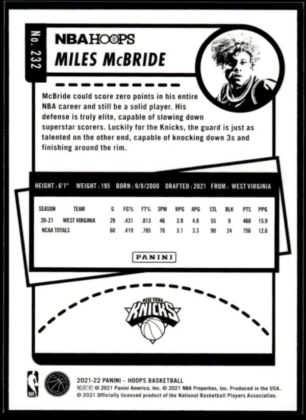 _10 2021 NBA Hoops New York Knicks #232 Miles McBride RC Rookie