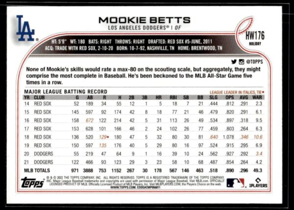 2022 Topps Holiday Los Angeles Dodgers #HW176 Mookie Betts