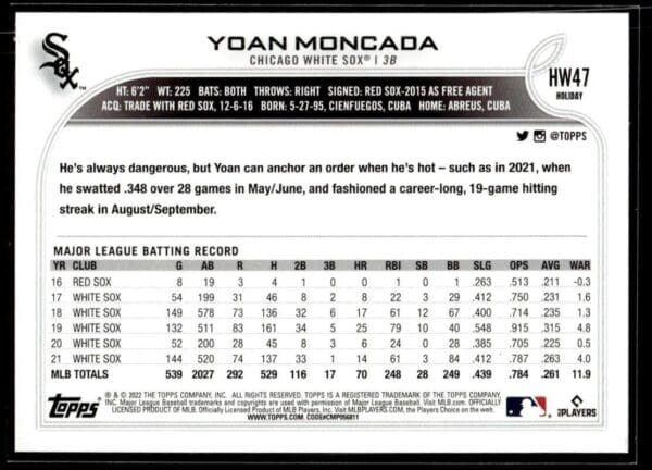 2022 Topps Holiday Chicago White Sox #HW47 Yoan Moncada