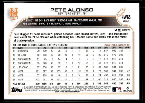 2022 Topps Holiday New York Mets #HW65 Pete Alonso