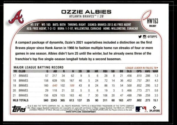 2022 Topps Holiday Atlanta Braves #HW163 Ozzie Albies