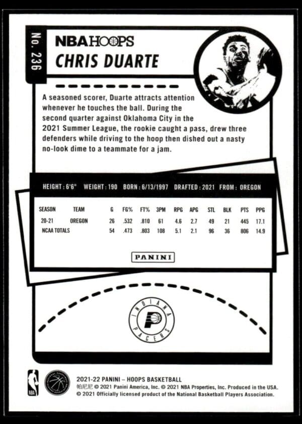 2021 NBA Hoops Indiana Pacers #236 Chris Duarte RC Rookie