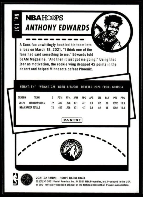 2021 NBA Hoops Minnesota Timberwolves #151 Anthony Edwards RC Rookie
