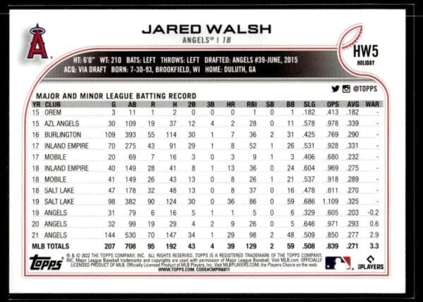 2022 Topps Holiday Los Angeles Angels #HW5 Jared Walsh