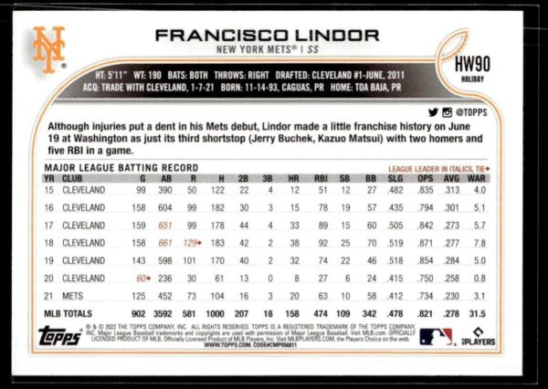 2022 Topps Holiday New York Mets #HW90 Francisco Lindor