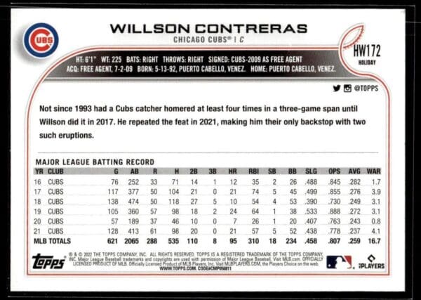 2022 Topps Holiday Chicago Cubs #HW172 Willson Contreras