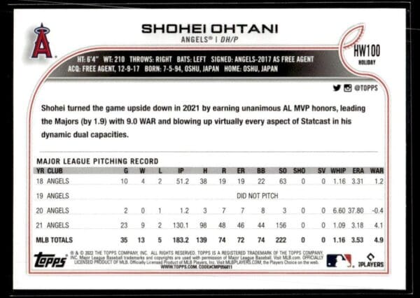 2022 Topps Holiday Los Angeles Angels #HW100 Shohei Ohtani