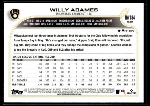 2022 Topps Holiday Milwaukee Brewers #HW184 Willy Adames