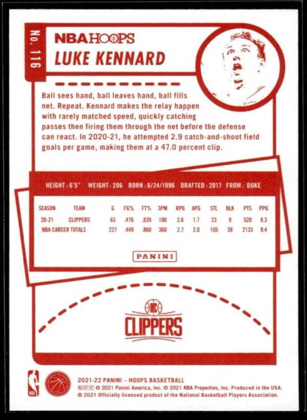 2021-22 Hoops Red Back Luke Kennard Detroit Pistons #116
